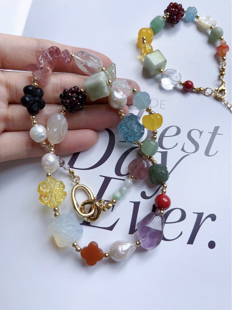 #PN595 [ChromaGems] Freshwater Pearl & Gems Necklace & Bracelet Set|Baroque Pearl |Garnet Flower Ball|Green Grape Serpentine Jade|Yellow, Purple, Strawberry, White Quartz |Opal|Rabbit Agate|Aquamarine Lotus|Rabbit Shell Pearl