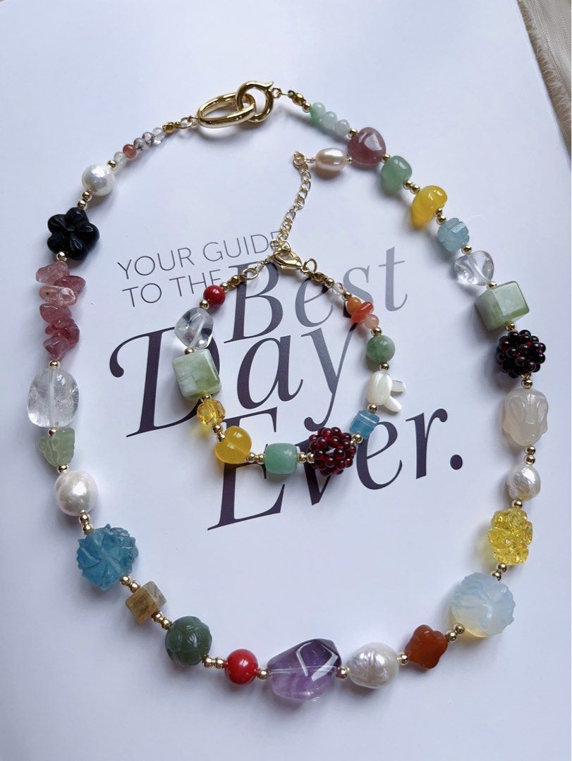 #PN595 [ChromaGems] Freshwater Pearl & Gems Necklace & Bracelet Set|Baroque Pearl |Garnet Flower Ball|Green Grape Serpentine Jade|Yellow, Purple, Strawberry, White Quartz |Opal|Rabbit Agate|Aquamarine Lotus|Rabbit Shell Pearl