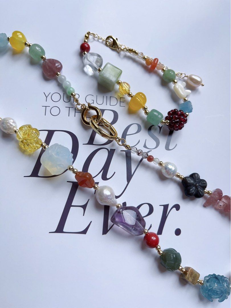 #PN595 [ChromaGems] Freshwater Pearl & Gems Necklace & Bracelet Set|Baroque Pearl |Garnet Flower Ball|Green Grape Serpentine Jade|Yellow, Purple, Strawberry, White Quartz |Opal|Rabbit Agate|Aquamarine Lotus|Rabbit Shell Pearl