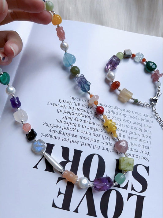 #PN593 [ChromaGems] Gems Garden|Freshwater Pearl & Gems Necklace & Bracelet Set|Pink, Purple Quartz |Malachite|Fluorite Rabbit|”Stick” Pearl |Jelly Agate|”Candy”, Blossom Agate|Moonstone Rose|Pumpkin Jade|Beeswax Flower|Heart Aquamarine