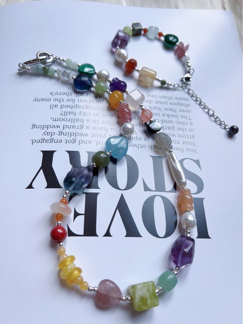 #PN593 [ChromaGems] Gems Garden|Freshwater Pearl & Gems Necklace & Bracelet Set|Pink, Purple Quartz |Malachite|Fluorite Rabbit|”Stick” Pearl |Jelly Agate|”Candy”, Blossom Agate|Moonstone Rose|Pumpkin Jade|Beeswax Flower|Heart Aquamarine