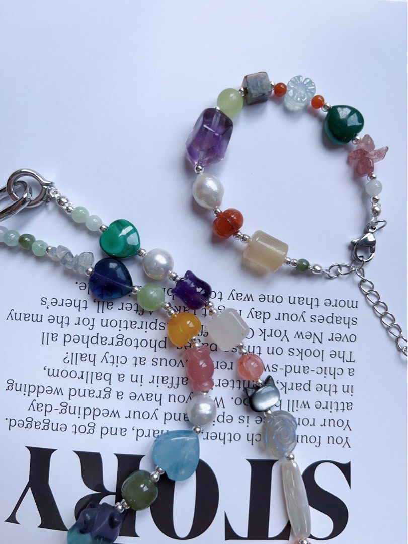 #PN593 [ChromaGems] Gems Garden|Freshwater Pearl & Gems Necklace & Bracelet Set|Pink, Purple Quartz |Malachite|Fluorite Rabbit|”Stick” Pearl |Jelly Agate|”Candy”, Blossom Agate|Moonstone Rose|Pumpkin Jade|Beeswax Flower|Heart Aquamarine