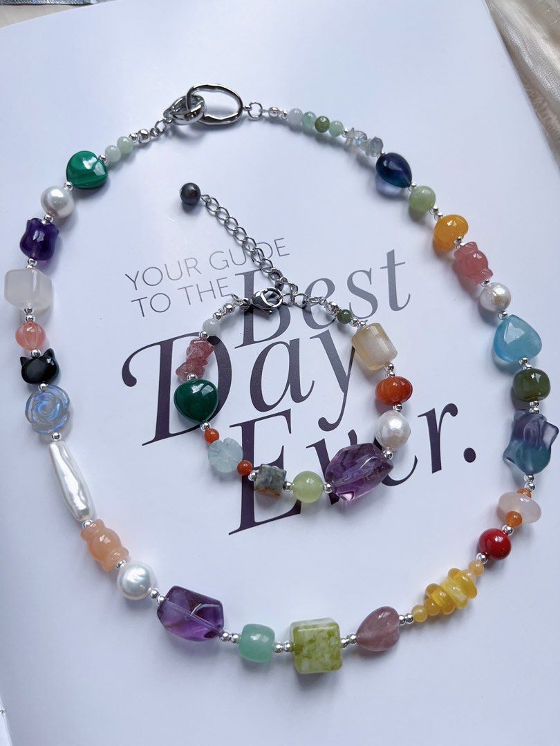 #PN593 [ChromaGems] Gems Garden|Freshwater Pearl & Gems Necklace & Bracelet Set|Pink, Purple Quartz |Malachite|Fluorite Rabbit|”Stick” Pearl |Jelly Agate|”Candy”, Blossom Agate|Moonstone Rose|Pumpkin Jade|Beeswax Flower|Heart Aquamarine