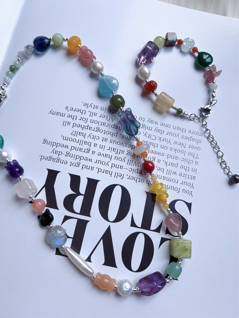 #PN593 [ChromaGems] Gems Garden|Freshwater Pearl & Gems Necklace & Bracelet Set|Pink, Purple Quartz |Malachite|Fluorite Rabbit|”Stick” Pearl |Jelly Agate|”Candy”, Blossom Agate|Moonstone Rose|Pumpkin Jade|Beeswax Flower|Heart Aquamarine