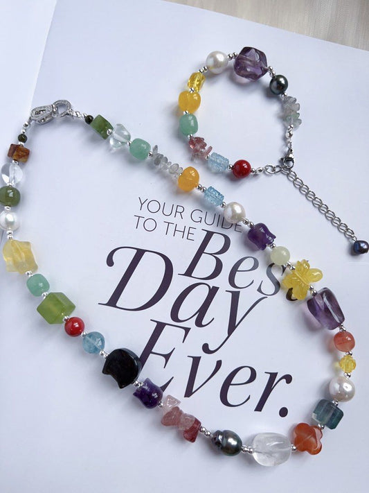 #PN590 [ChromaGems Series] Dark Knight |Freshwater & Seawater Pearl & Gems Necklace & Bracelet Set|Tahitian Pearls|Obsidian “Cat”|Fluorite Rabbit|Jade|White, Purple, Yellow Quartz |Beeswax Butterfly |Aquamarine