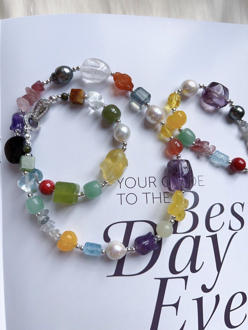 #PN590 [ChromaGems Series] Dark Knight |Freshwater & Seawater Pearl & Gems Necklace & Bracelet Set|Tahitian Pearls|Obsidian “Cat”|Fluorite Rabbit|Jade|White, Purple, Yellow Quartz |Beeswax Butterfly |Aquamarine