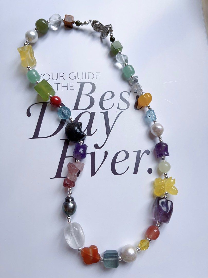 #PN590 [ChromaGems Series] Dark Knight |Freshwater & Seawater Pearl & Gems Necklace & Bracelet Set|Tahitian Pearls|Obsidian “Cat”|Fluorite Rabbit|Jade|White, Purple, Yellow Quartz |Beeswax Butterfly |Aquamarine