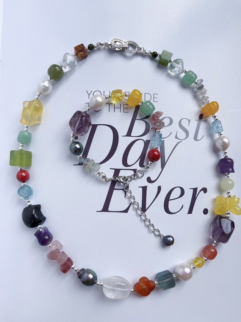 #PN590 [ChromaGems Series] Dark Knight |Freshwater & Seawater Pearl & Gems Necklace & Bracelet Set|Tahitian Pearls|Obsidian “Cat”|Fluorite Rabbit|Jade|White, Purple, Yellow Quartz |Beeswax Butterfly |Aquamarine