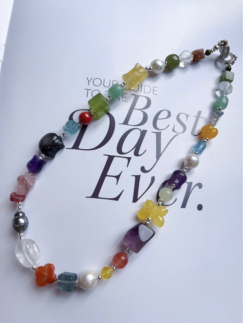 #PN590 [ChromaGems Series] Dark Knight |Freshwater & Seawater Pearl & Gems Necklace & Bracelet Set|Tahitian Pearls|Obsidian “Cat”|Fluorite Rabbit|Jade|White, Purple, Yellow Quartz |Beeswax Butterfly |Aquamarine