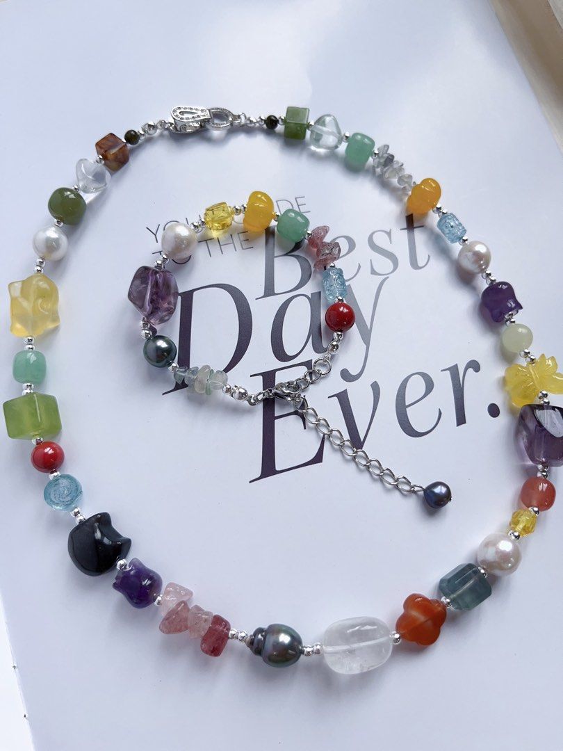 #PN590 [ChromaGems Series] Dark Knight |Freshwater & Seawater Pearl & Gems Necklace & Bracelet Set|Tahitian Pearls|Obsidian “Cat”|Fluorite Rabbit|Jade|White, Purple, Yellow Quartz |Beeswax Butterfly |Aquamarine