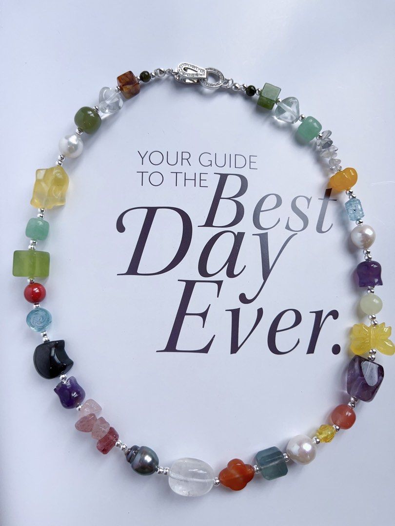 #PN590 [ChromaGems Series] Dark Knight |Freshwater & Seawater Pearl & Gems Necklace & Bracelet Set|Tahitian Pearls|Obsidian “Cat”|Fluorite Rabbit|Jade|White, Purple, Yellow Quartz |Beeswax Butterfly |Aquamarine