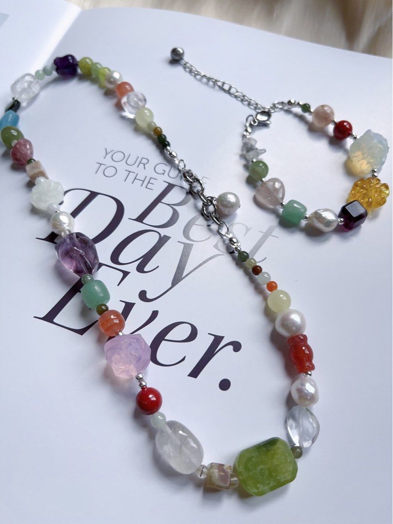 #PN592 [ChromaGems Series] Red Fairytale |Freshwater Pearl & Gems Necklace & Bracelet Set|Grey Moonstone |Opal|Baroque Pearl |Jade|Beeswax|Blossom Agate|Aquamarine Heart|Pink, White, Purple Quartz |Green Grape Serpentine Jade|Black “Cat”|Fluorite