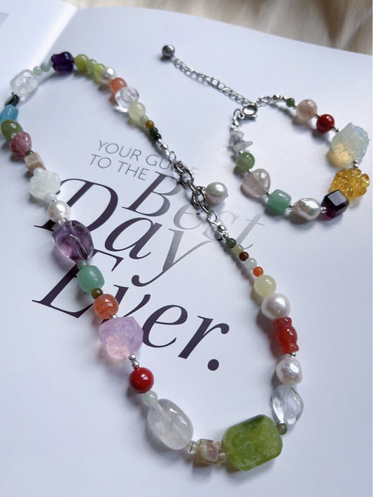 #PN592 [ChromaGems Series] Red Fairytale |Freshwater Pearl & Gems Necklace & Bracelet Set|Grey Moonstone |Opal|Baroque Pearl |Jade|Beeswax|Blossom Agate|Aquamarine Heart|Pink, White, Purple Quartz |Green Grape Serpentine Jade|Black “Cat”|Fluorite