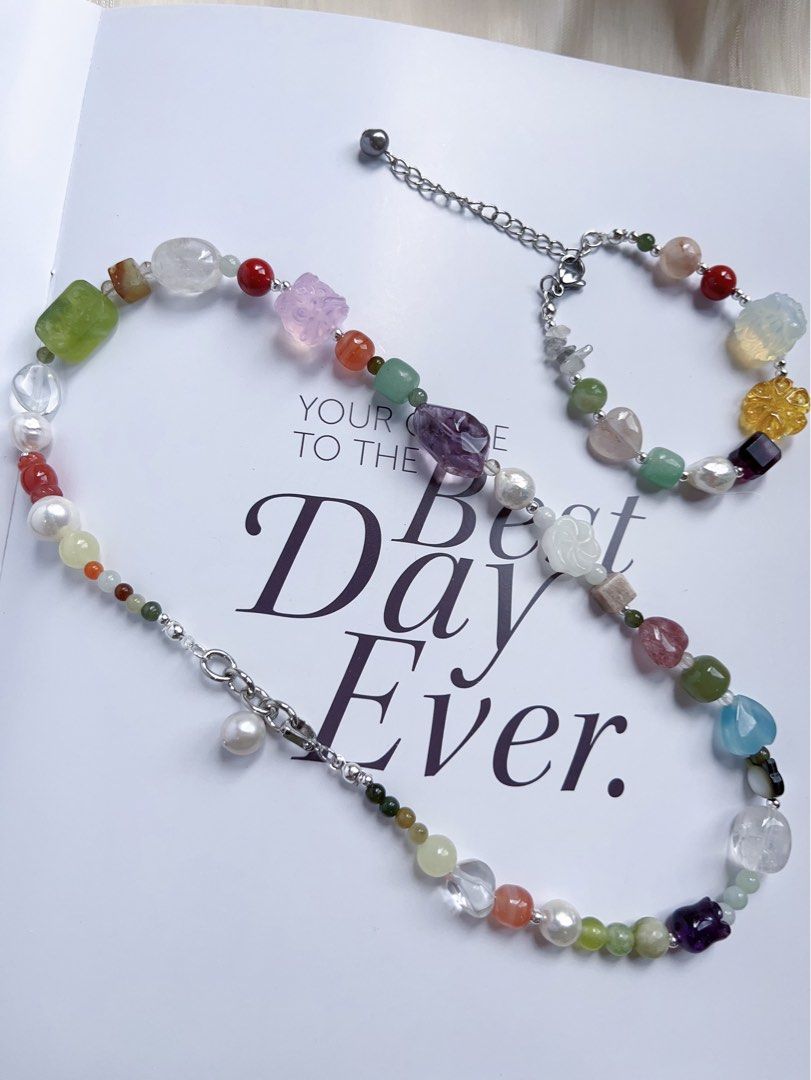 #PN592 [ChromaGems Series] Red Fairytale |Freshwater Pearl & Gems Necklace & Bracelet Set|Grey Moonstone |Opal|Baroque Pearl |Jade|Beeswax|Blossom Agate|Aquamarine Heart|Pink, White, Purple Quartz |Green Grape Serpentine Jade|Black “Cat”|Fluorite