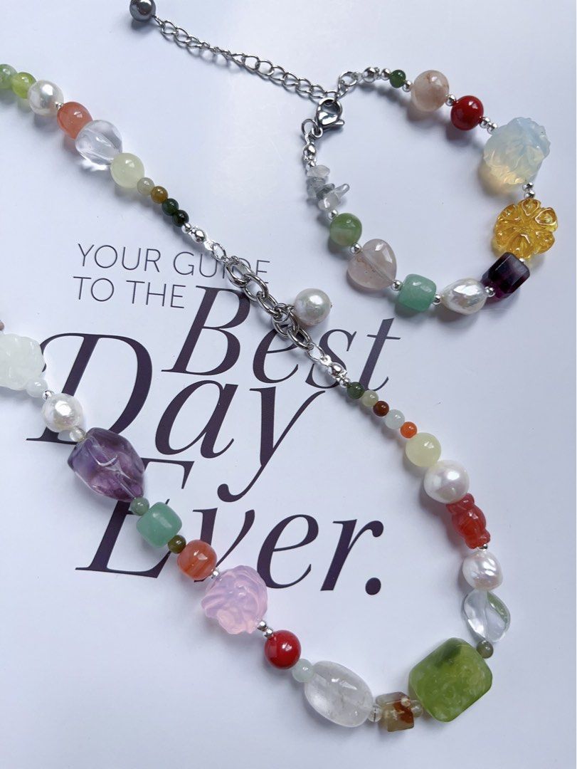 #PN592 [ChromaGems Series] Red Fairytale |Freshwater Pearl & Gems Necklace & Bracelet Set|Grey Moonstone |Opal|Baroque Pearl |Jade|Beeswax|Blossom Agate|Aquamarine Heart|Pink, White, Purple Quartz |Green Grape Serpentine Jade|Black “Cat”|Fluorite