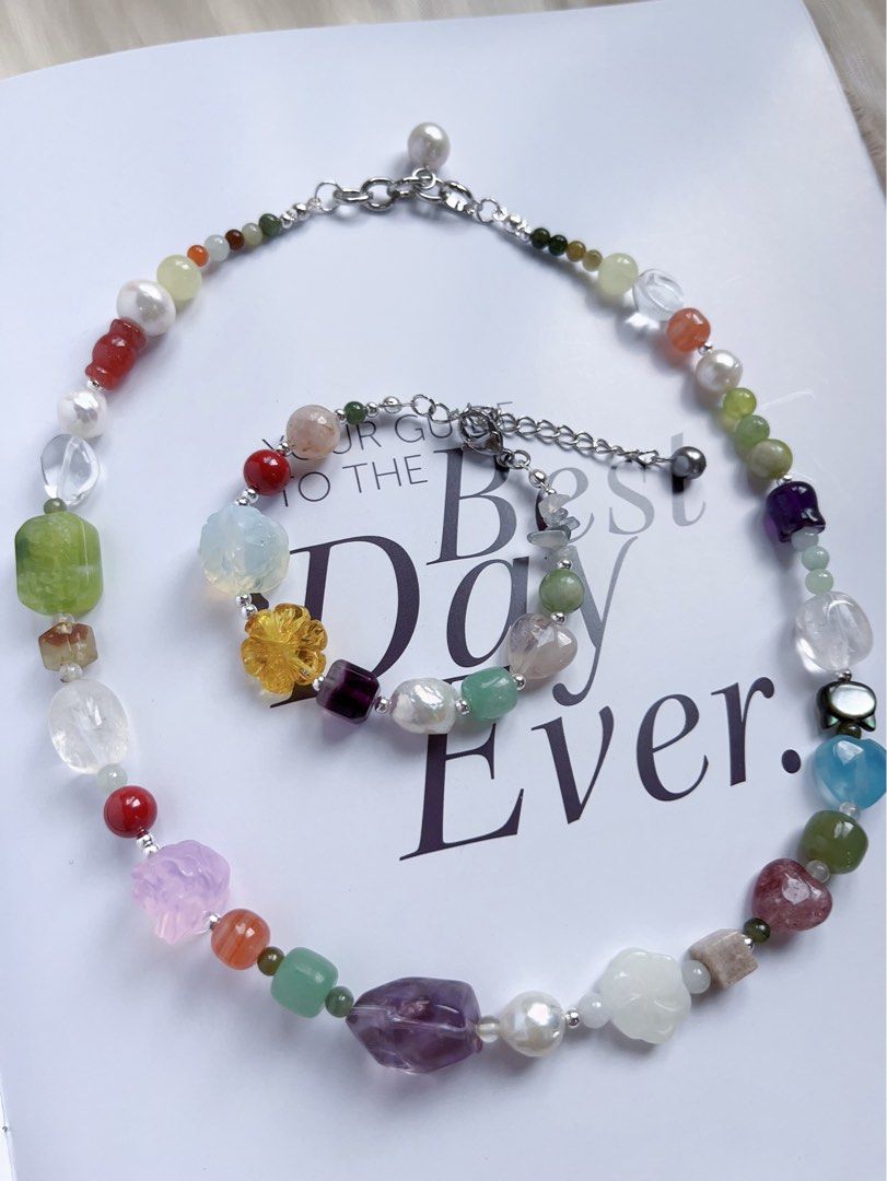 #PN592 [ChromaGems Series] Red Fairytale |Freshwater Pearl & Gems Necklace & Bracelet Set|Grey Moonstone |Opal|Baroque Pearl |Jade|Beeswax|Blossom Agate|Aquamarine Heart|Pink, White, Purple Quartz |Green Grape Serpentine Jade|Black “Cat”|Fluorite