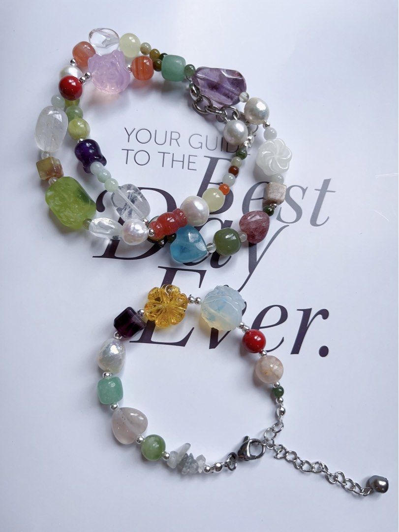 #PN592 [ChromaGems Series] Red Fairytale |Freshwater Pearl & Gems Necklace & Bracelet Set|Grey Moonstone |Opal|Baroque Pearl |Jade|Beeswax|Blossom Agate|Aquamarine Heart|Pink, White, Purple Quartz |Green Grape Serpentine Jade|Black “Cat”|Fluorite