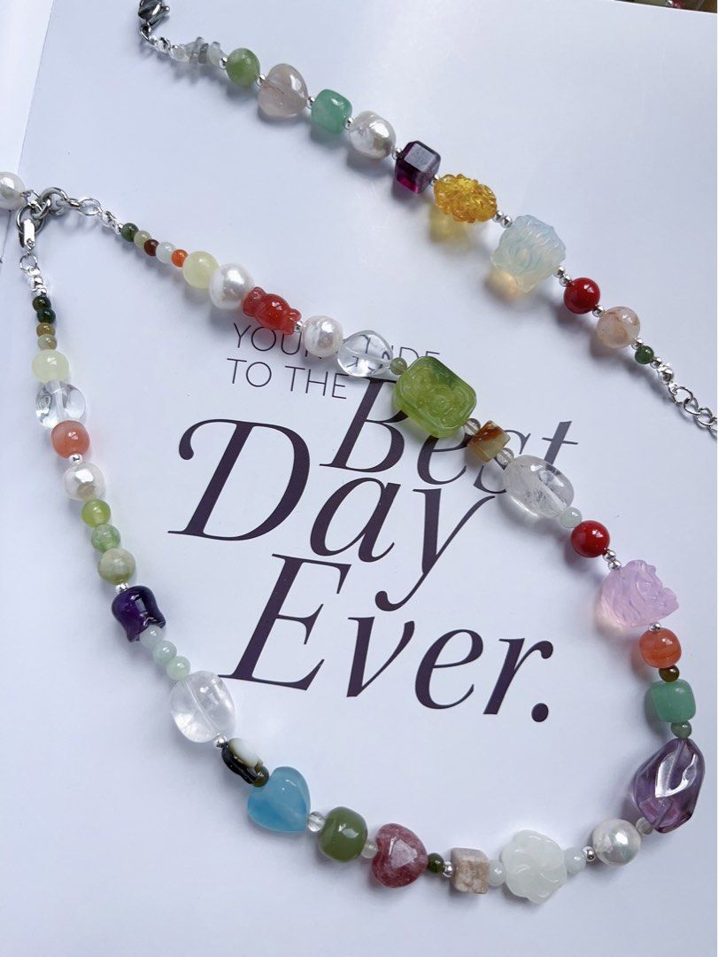 #PN592 [ChromaGems Series] Red Fairytale |Freshwater Pearl & Gems Necklace & Bracelet Set|Grey Moonstone |Opal|Baroque Pearl |Jade|Beeswax|Blossom Agate|Aquamarine Heart|Pink, White, Purple Quartz |Green Grape Serpentine Jade|Black “Cat”|Fluorite