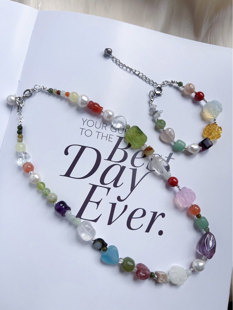 #PN592 [ChromaGems Series] Red Fairytale |Freshwater Pearl & Gems Necklace & Bracelet Set|Grey Moonstone |Opal|Baroque Pearl |Jade|Beeswax|Blossom Agate|Aquamarine Heart|Pink, White, Purple Quartz |Green Grape Serpentine Jade|Black “Cat”|Fluorite