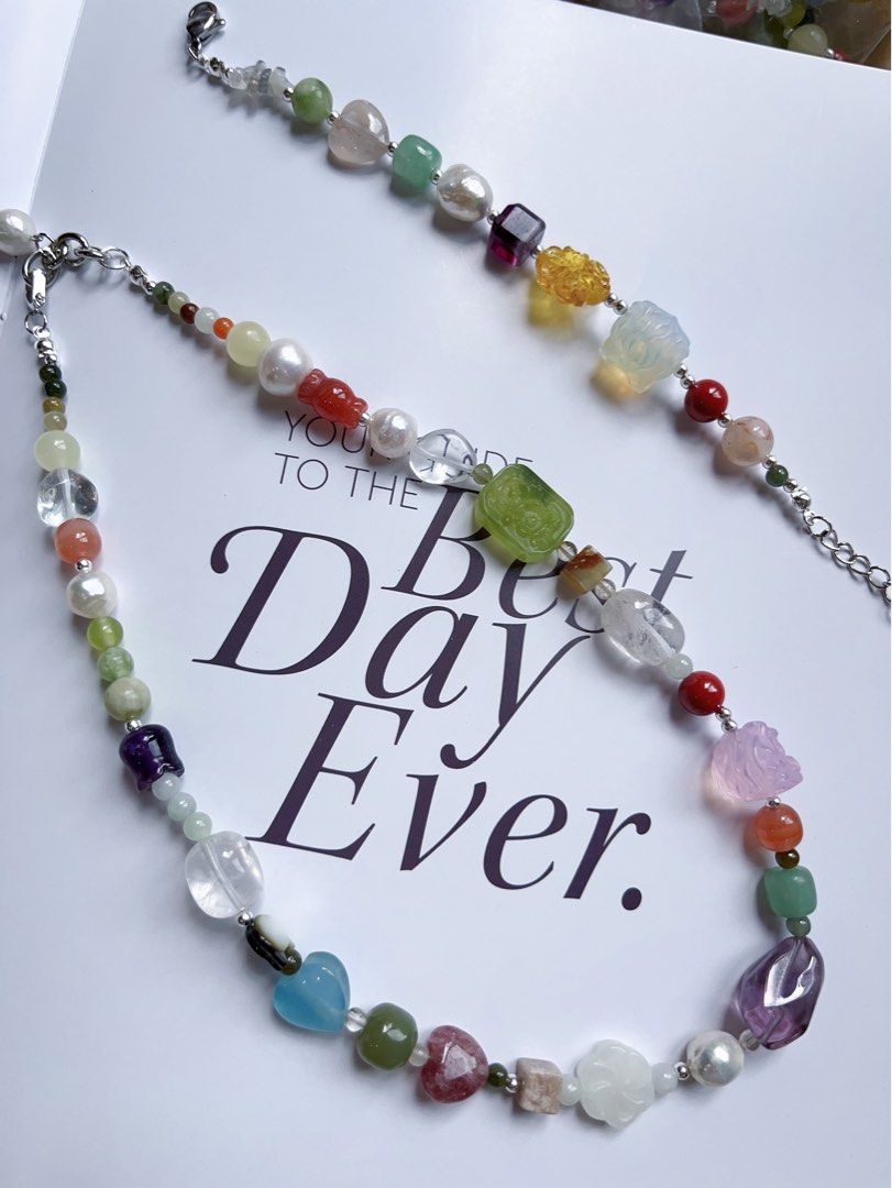 #PN592 [ChromaGems Series] Red Fairytale |Freshwater Pearl & Gems Necklace & Bracelet Set|Grey Moonstone |Opal|Baroque Pearl |Jade|Beeswax|Blossom Agate|Aquamarine Heart|Pink, White, Purple Quartz |Green Grape Serpentine Jade|Black “Cat”|Fluorite