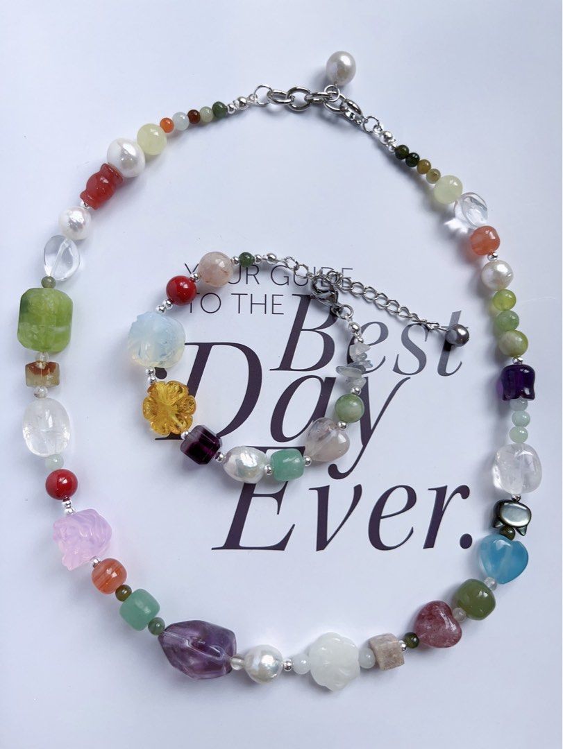 #PN592 [ChromaGems Series] Red Fairytale |Freshwater Pearl & Gems Necklace & Bracelet Set|Grey Moonstone |Opal|Baroque Pearl |Jade|Beeswax|Blossom Agate|Aquamarine Heart|Pink, White, Purple Quartz |Green Grape Serpentine Jade|Black “Cat”|Fluorite