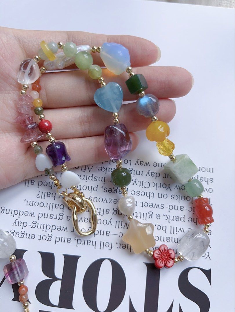 #PN594 [ChromaGems Series] Spring Vacation |Freshwater Pearl & Gems Necklace & Bracelet Set|Strawberry, Purple, White Quartz |Fluorite Block|Pink, Yellow Agate Candy & Star|Aquamarine Heart|Jade|Moonstone Rose|Opal Rabbit|Beeswax Brave Troops