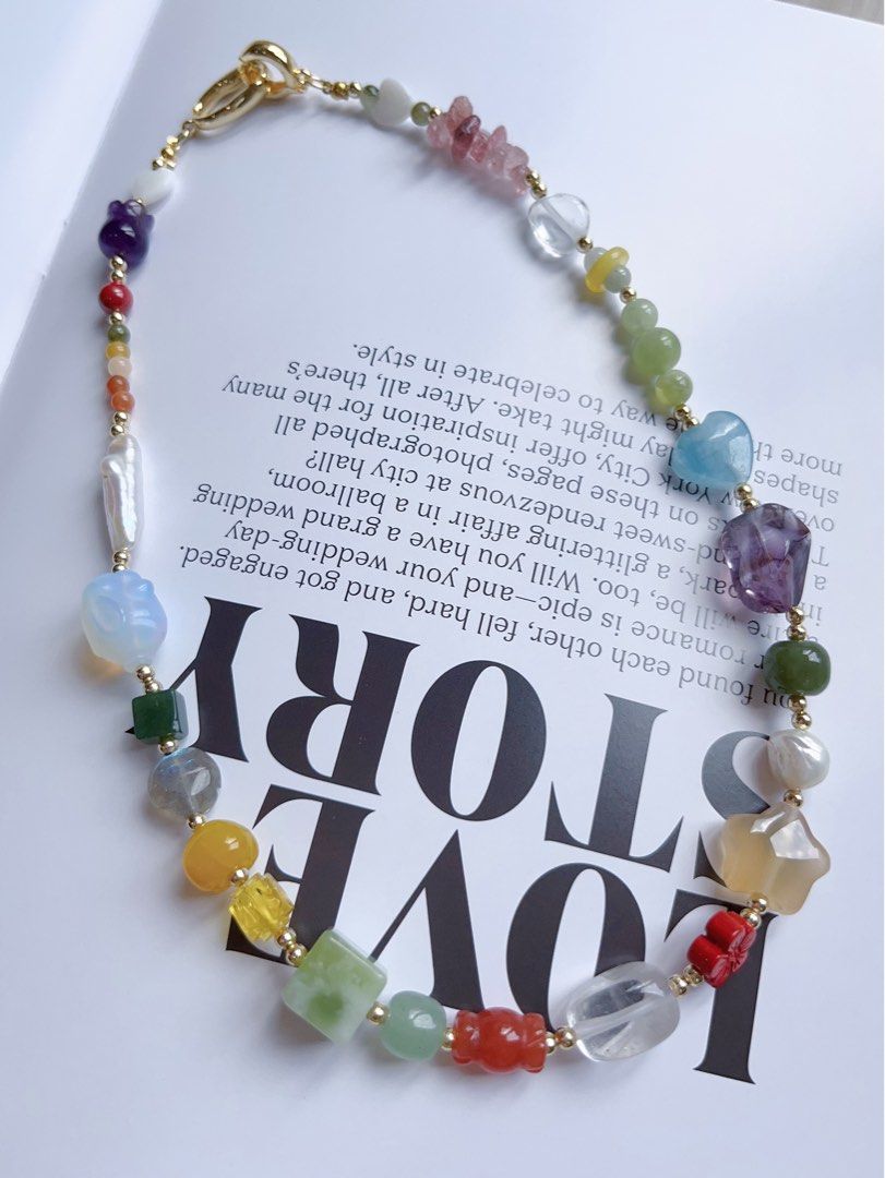 #PN594 [ChromaGems Series] Spring Vacation |Freshwater Pearl & Gems Necklace & Bracelet Set|Strawberry, Purple, White Quartz |Fluorite Block|Pink, Yellow Agate Candy & Star|Aquamarine Heart|Jade|Moonstone Rose|Opal Rabbit|Beeswax Brave Troops