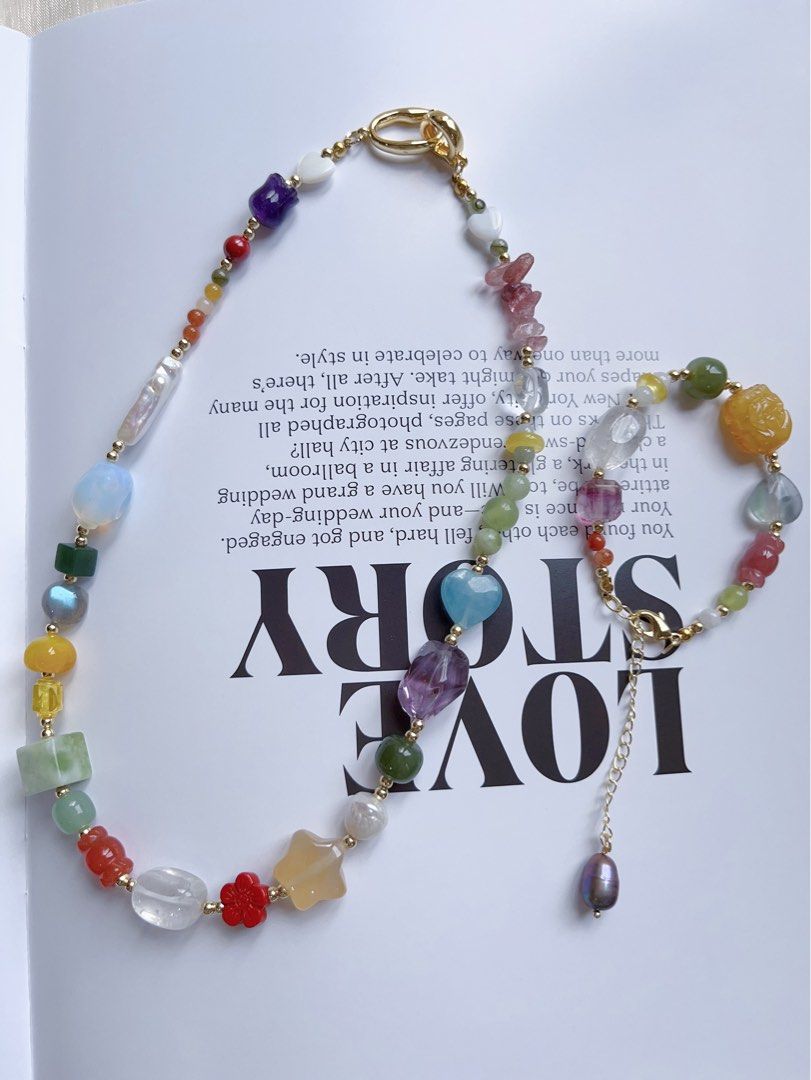 #PN594 [ChromaGems Series] Spring Vacation |Freshwater Pearl & Gems Necklace & Bracelet Set|Strawberry, Purple, White Quartz |Fluorite Block|Pink, Yellow Agate Candy & Star|Aquamarine Heart|Jade|Moonstone Rose|Opal Rabbit|Beeswax Brave Troops