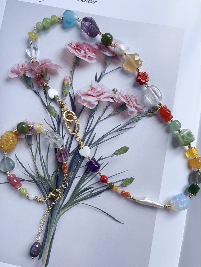 #PN594 [ChromaGems Series] Spring Vacation |Freshwater Pearl & Gems Necklace & Bracelet Set|Strawberry, Purple, White Quartz |Fluorite Block|Pink, Yellow Agate Candy & Star|Aquamarine Heart|Jade|Moonstone Rose|Opal Rabbit|Beeswax Brave Troops