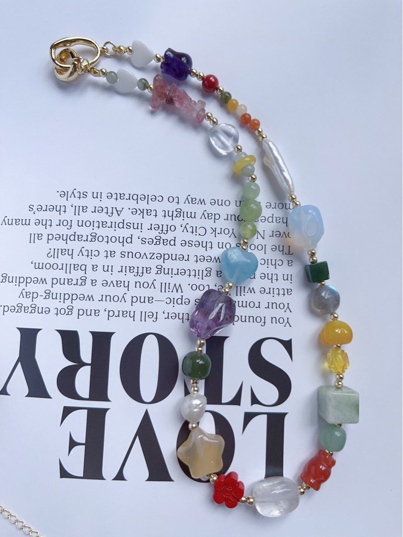 #PN594 [ChromaGems Series] Spring Vacation |Freshwater Pearl & Gems Necklace & Bracelet Set|Strawberry, Purple, White Quartz |Fluorite Block|Pink, Yellow Agate Candy & Star|Aquamarine Heart|Jade|Moonstone Rose|Opal Rabbit|Beeswax Brave Troops