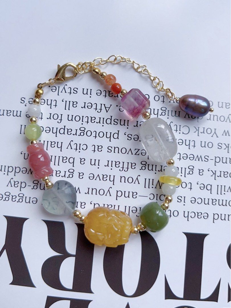 #PN594 [ChromaGems Series] Spring Vacation |Freshwater Pearl & Gems Necklace & Bracelet Set|Strawberry, Purple, White Quartz |Fluorite Block|Pink, Yellow Agate Candy & Star|Aquamarine Heart|Jade|Moonstone Rose|Opal Rabbit|Beeswax Brave Troops