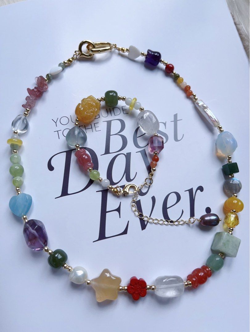 #PN594 [ChromaGems Series] Spring Vacation |Freshwater Pearl & Gems Necklace & Bracelet Set|Strawberry, Purple, White Quartz |Fluorite Block|Pink, Yellow Agate Candy & Star|Aquamarine Heart|Jade|Moonstone Rose|Opal Rabbit|Beeswax Brave Troops