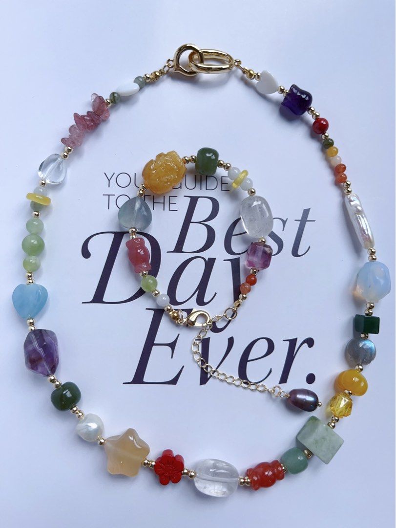 #PN594 [ChromaGems Series] Spring Vacation |Freshwater Pearl & Gems Necklace & Bracelet Set|Strawberry, Purple, White Quartz |Fluorite Block|Pink, Yellow Agate Candy & Star|Aquamarine Heart|Jade|Moonstone Rose|Opal Rabbit|Beeswax Brave Troops