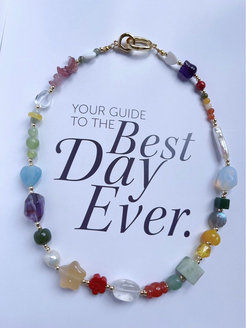 #PN594 [ChromaGems Series] Spring Vacation |Freshwater Pearl & Gems Necklace & Bracelet Set|Strawberry, Purple, White Quartz |Fluorite Block|Pink, Yellow Agate Candy & Star|Aquamarine Heart|Jade|Moonstone Rose|Opal Rabbit|Beeswax Brave Troops