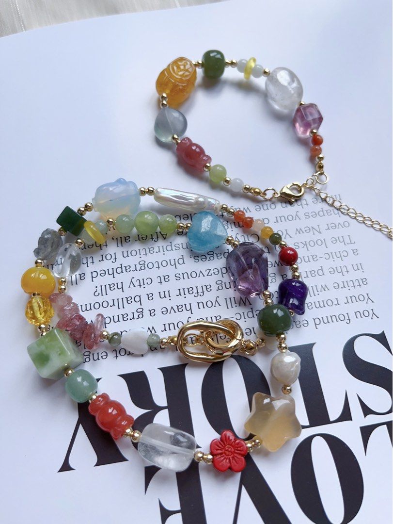#PN594 [ChromaGems Series] Spring Vacation |Freshwater Pearl & Gems Necklace & Bracelet Set|Strawberry, Purple, White Quartz |Fluorite Block|Pink, Yellow Agate Candy & Star|Aquamarine Heart|Jade|Moonstone Rose|Opal Rabbit|Beeswax Brave Troops