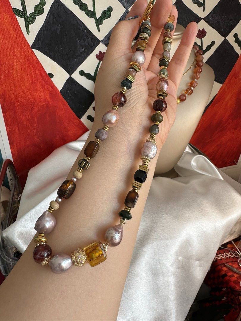 #PN461 City View|Freshwater Pearl Necklace |Candy Paper Wrinkled Baroque Pearl |Amber|Brown Agate|Cinnabar Stone|Black Agate|Alashan Stone