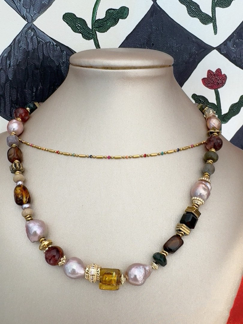 #PN461 City View|Freshwater Pearl Necklace |Candy Paper Wrinkled Baroque Pearl |Amber|Brown Agate|Cinnabar Stone|Black Agate|Alashan Stone