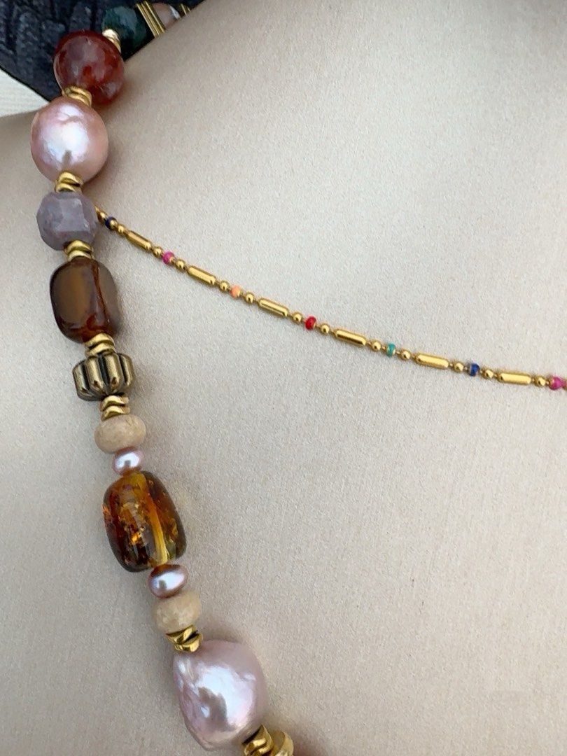 #PN461 City View|Freshwater Pearl Necklace |Candy Paper Wrinkled Baroque Pearl |Amber|Brown Agate|Cinnabar Stone|Black Agate|Alashan Stone