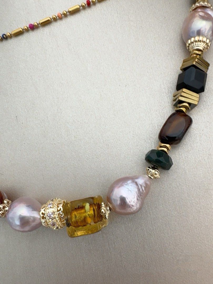 #PN461 City View|Freshwater Pearl Necklace |Candy Paper Wrinkled Baroque Pearl |Amber|Brown Agate|Cinnabar Stone|Black Agate|Alashan Stone
