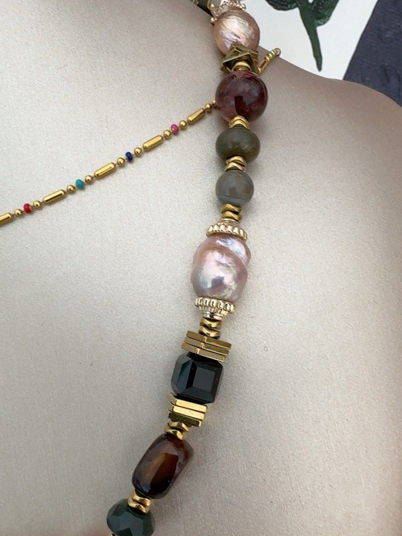 #PN461 City View|Freshwater Pearl Necklace |Candy Paper Wrinkled Baroque Pearl |Amber|Brown Agate|Cinnabar Stone|Black Agate|Alashan Stone