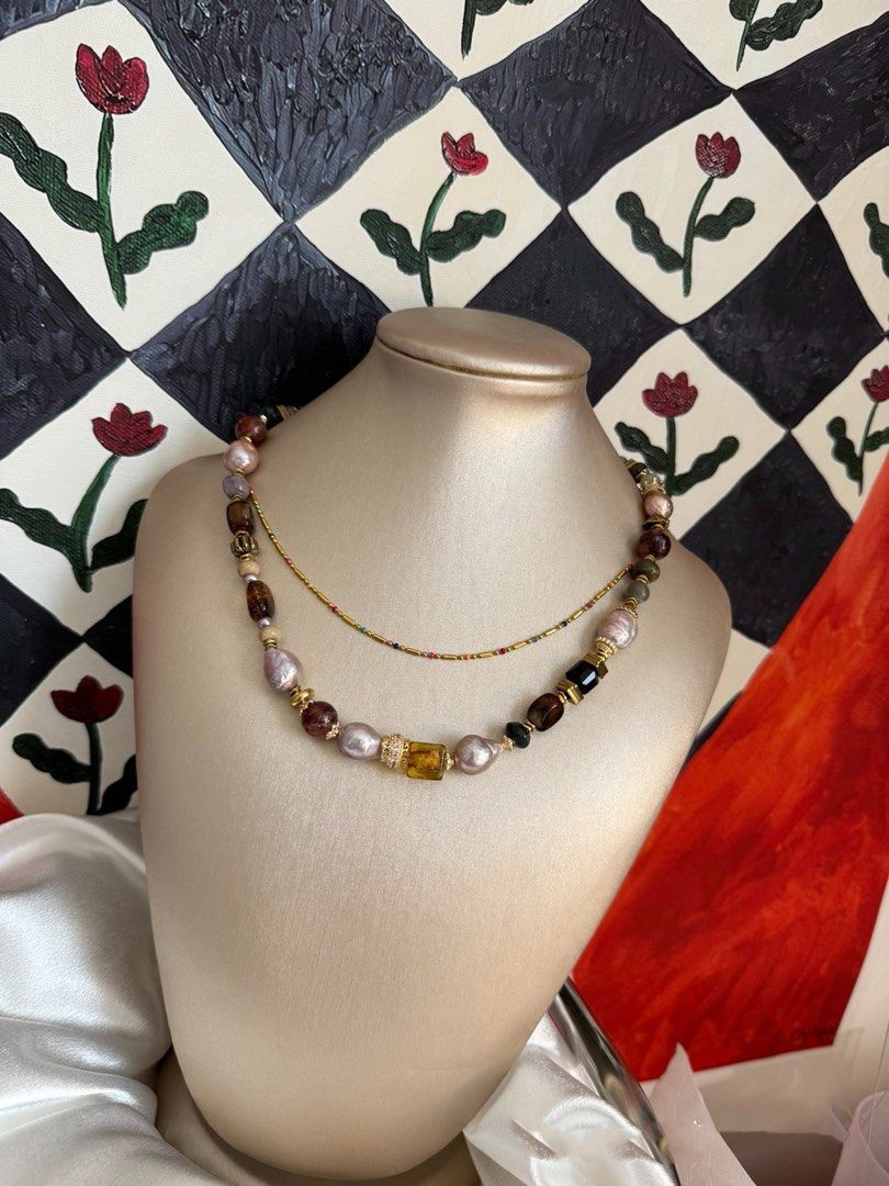 #PN461 City View|Freshwater Pearl Necklace |Candy Paper Wrinkled Baroque Pearl |Amber|Brown Agate|Cinnabar Stone|Black Agate|Alashan Stone