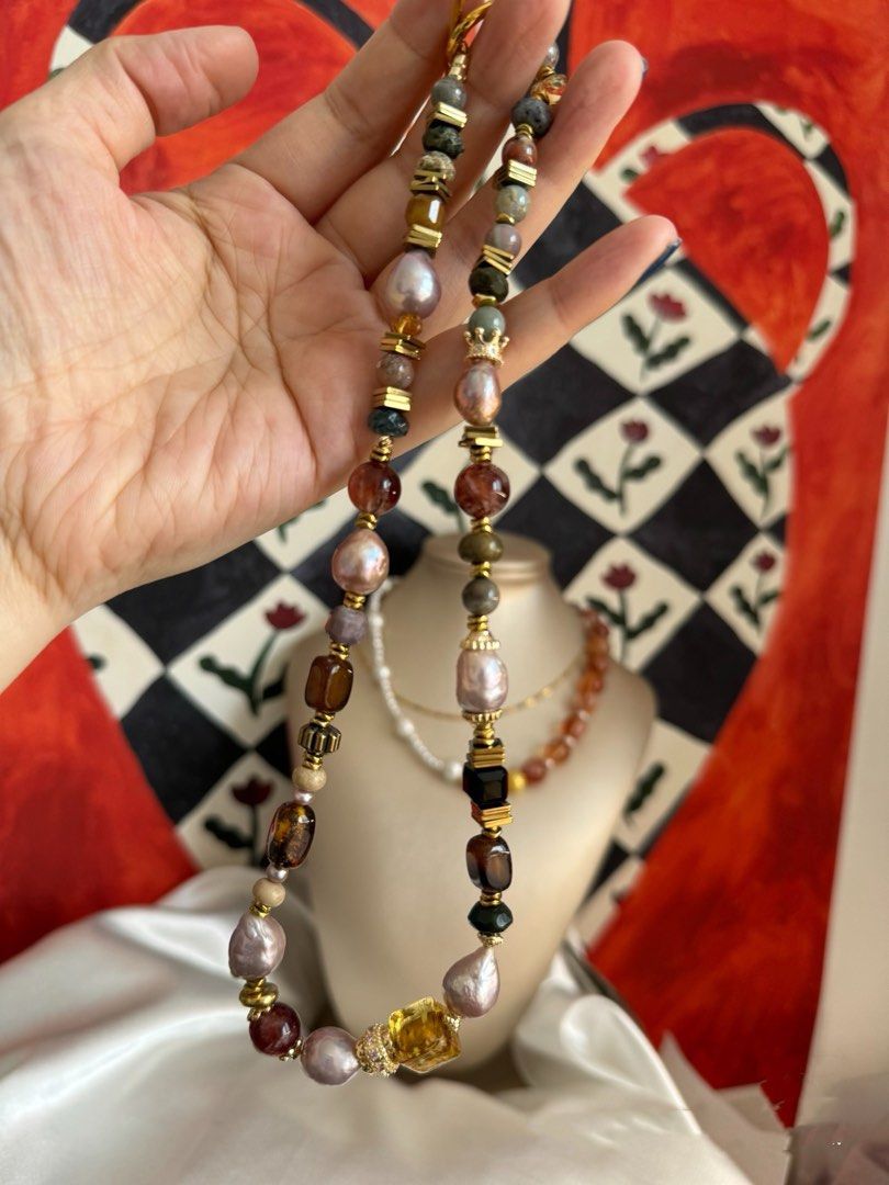 #PN461 City View|Freshwater Pearl Necklace |Candy Paper Wrinkled Baroque Pearl |Amber|Brown Agate|Cinnabar Stone|Black Agate|Alashan Stone