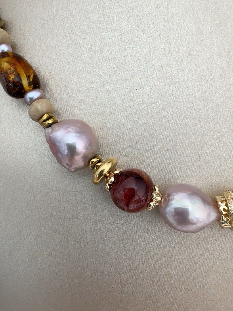 #PN461 City View|Freshwater Pearl Necklace |Candy Paper Wrinkled Baroque Pearl |Amber|Brown Agate|Cinnabar Stone|Black Agate|Alashan Stone