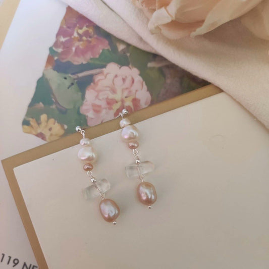 Clarity of Mind | Freshwater Pearl Earrings | Clear Quartz | Baroque Pearl | Lustrous | Original Design