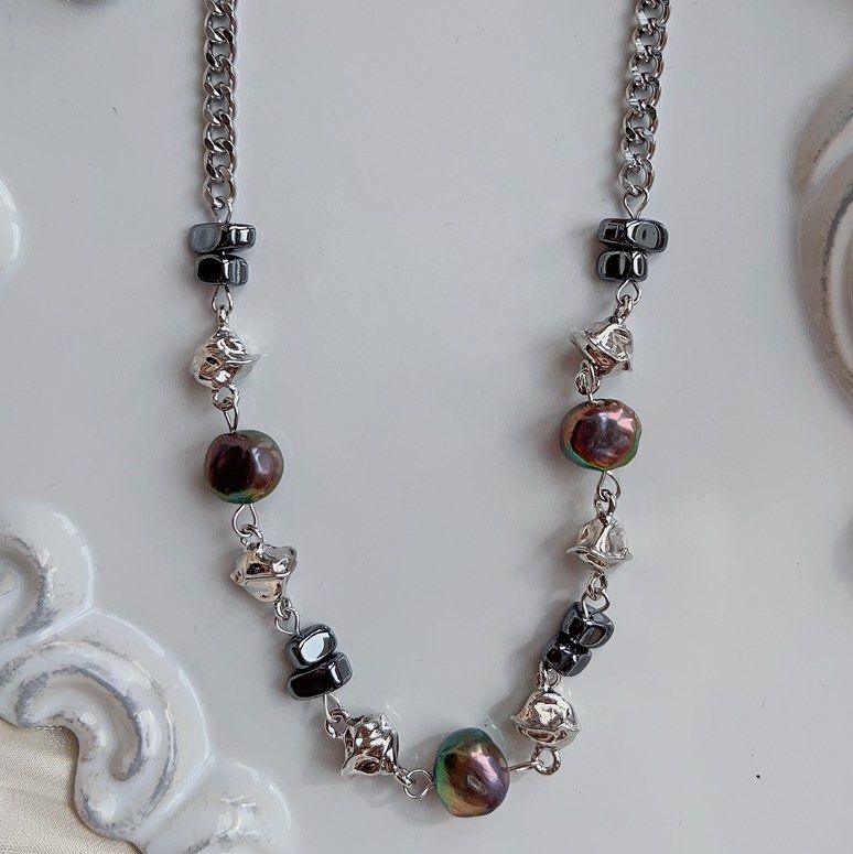 #PN581 [Clearance Sale] Genuine Freshwater Pearl Necklace |Cool Silver Colour Chain & Metallic Baroque Pearls | Triangle Black Blocks