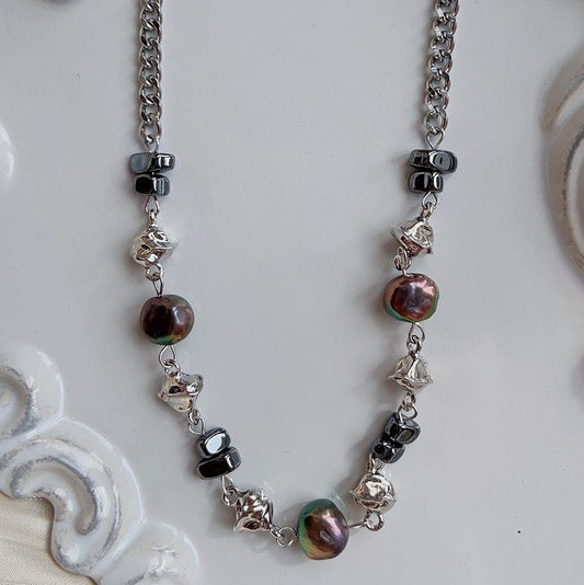 #PN581 [Clearance Sale] Genuine Freshwater Pearl Necklace |Cool Silver Colour Chain & Metallic Baroque Pearls | Triangle Black Blocks