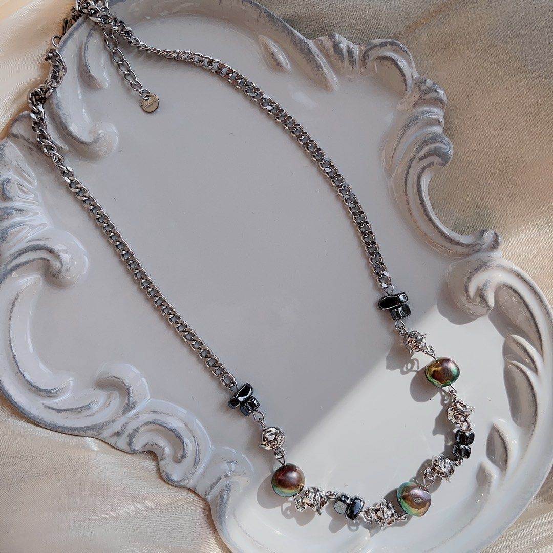 #PN581 [Clearance Sale] Genuine Freshwater Pearl Necklace |Cool Silver Colour Chain & Metallic Baroque Pearls | Triangle Black Blocks
