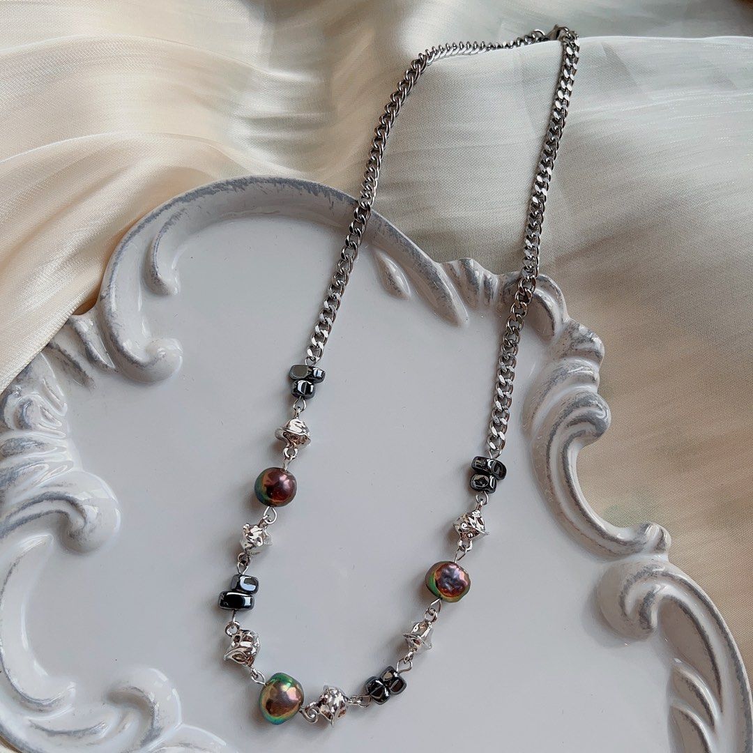#PN581 [Clearance Sale] Genuine Freshwater Pearl Necklace |Cool Silver Colour Chain & Metallic Baroque Pearls | Triangle Black Blocks