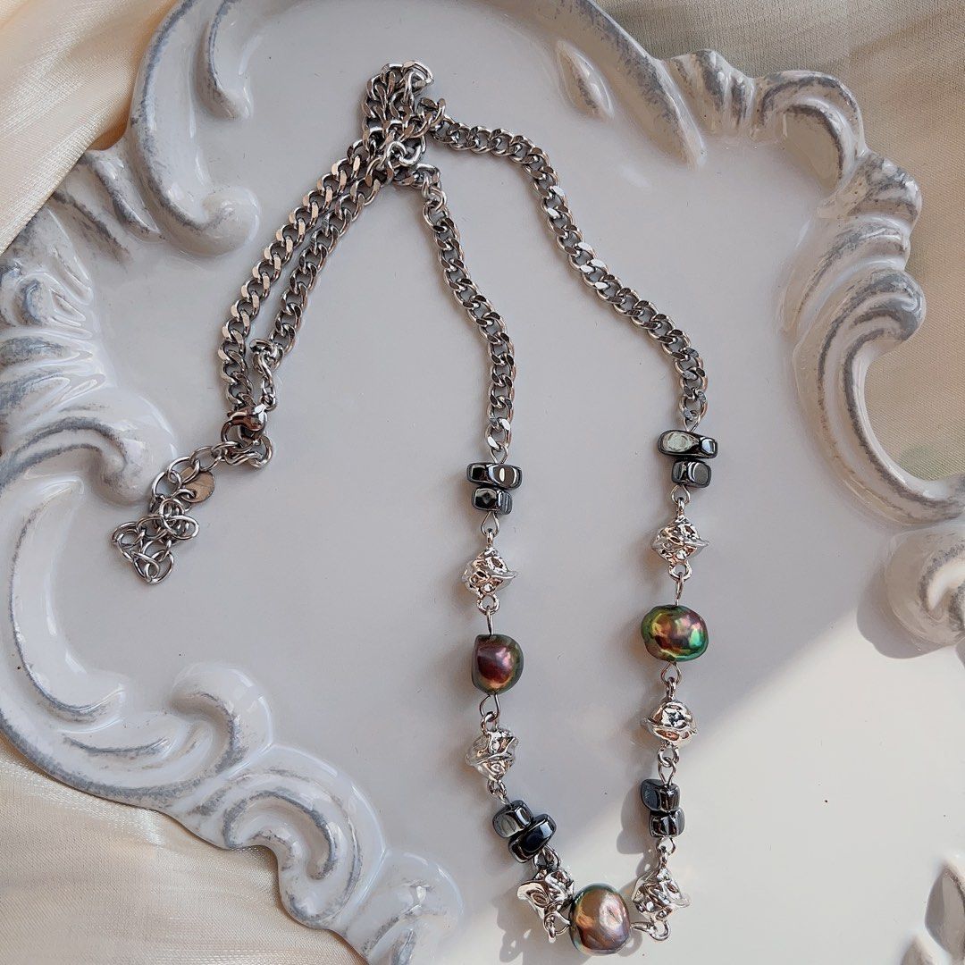 #PN581 [Clearance Sale] Genuine Freshwater Pearl Necklace |Cool Silver Colour Chain & Metallic Baroque Pearls | Triangle Black Blocks