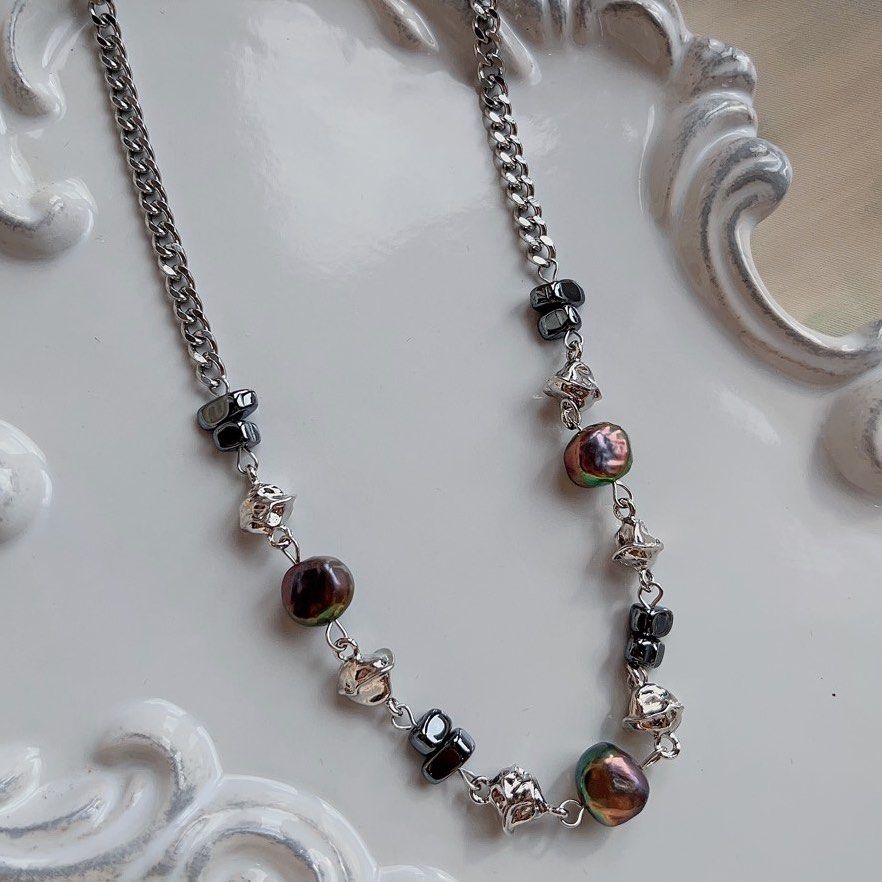 #PN581 [Clearance Sale] Genuine Freshwater Pearl Necklace |Cool Silver Colour Chain & Metallic Baroque Pearls | Triangle Black Blocks